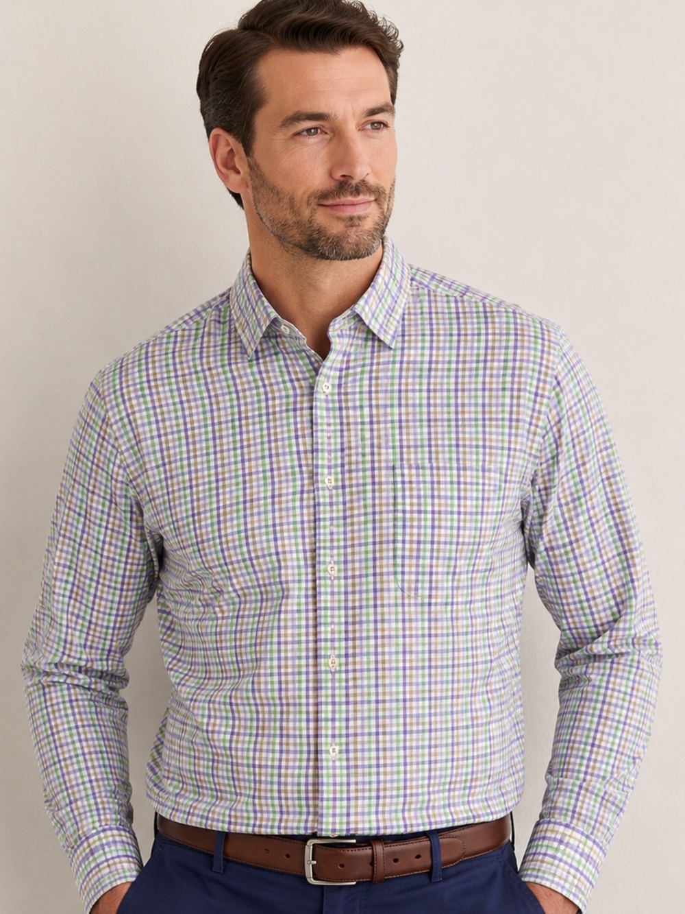 Peter Millar Large Purple Green Plaid Button Down Shirt Cotton Classic Fit
